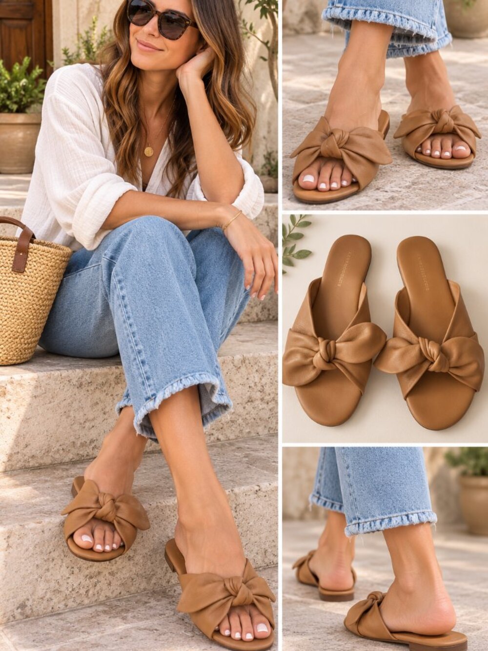 Anthropologie Gemma Tan Leather Bow Slides Sandals Sz 37